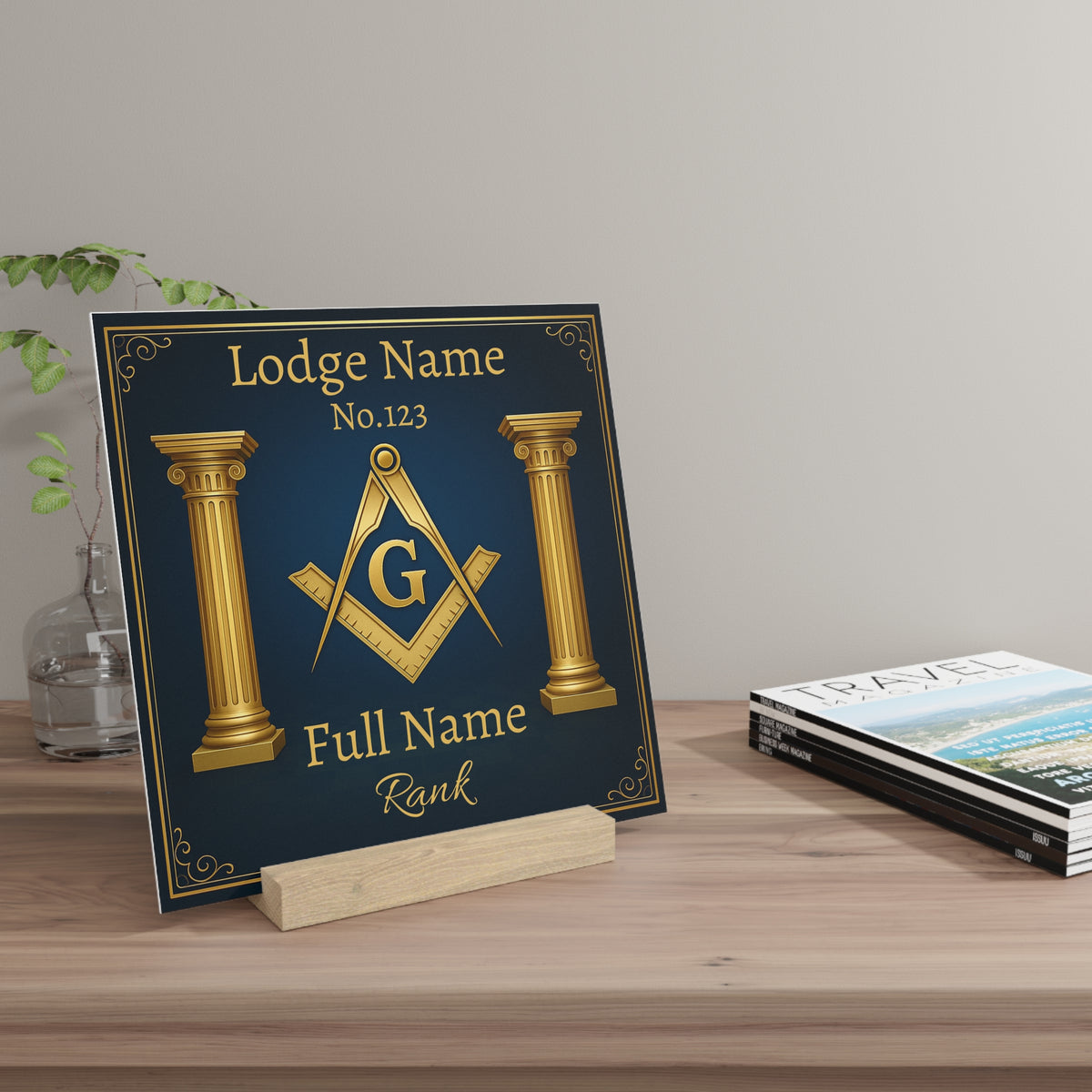 Master Mason Blue Lodge Plaque - Square & Compass G with Pillars Customized - Bricks Masons