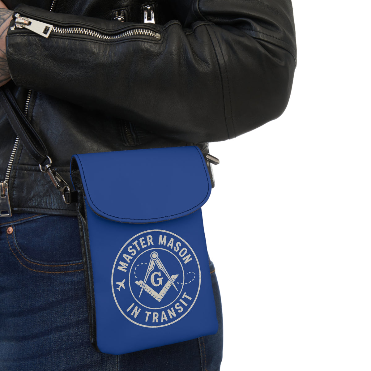 Master Mason Blue Lodge Cell Phone Wallet - Mason In Transit Blue Microfiber Leather - Bricks Masons