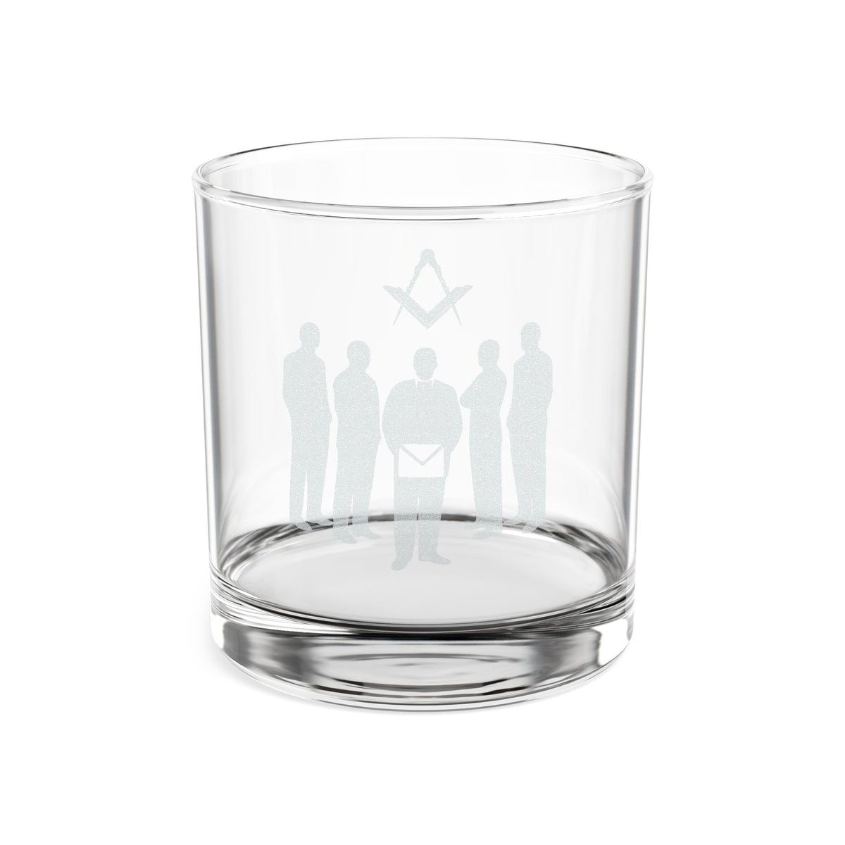 Master Mason Blue Lodge Whiskey Glass - Brotherhood Standing Figures Square & Compass - Bricks Masons