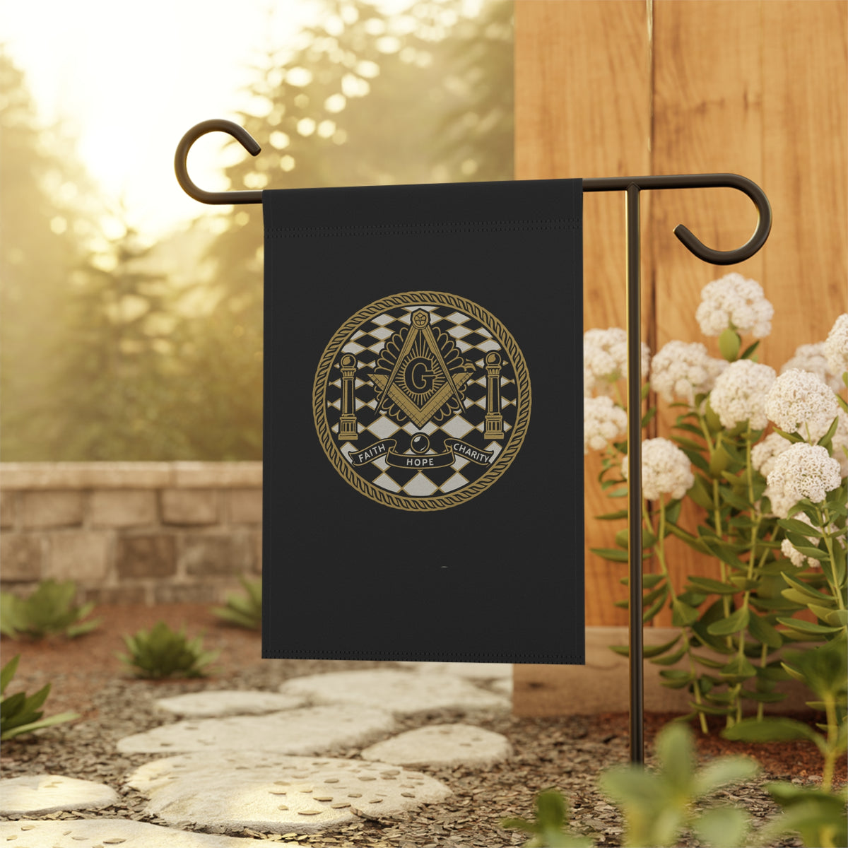 Master Mason Blue Lodge Yard Flag - Faith Hope Charity Printed Poly Poplin - Bricks Masons