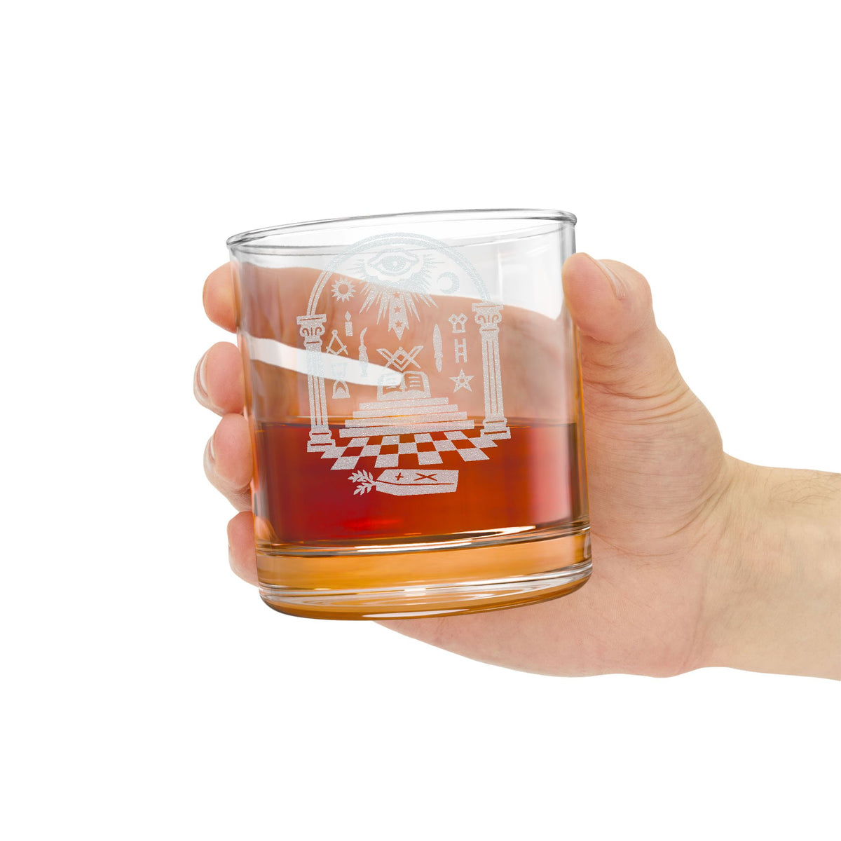 Master Mason Blue Lodge Whiskey Glass - Checkered Floor Pillars All-Seeing Eye & Tools - Bricks Masons