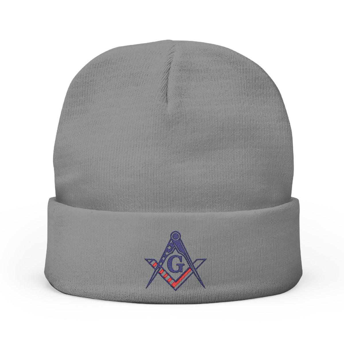 Master Mason Blue Lodge Beanie - Knit Embroidery US Flag Square and Compass G - Bricks Masons