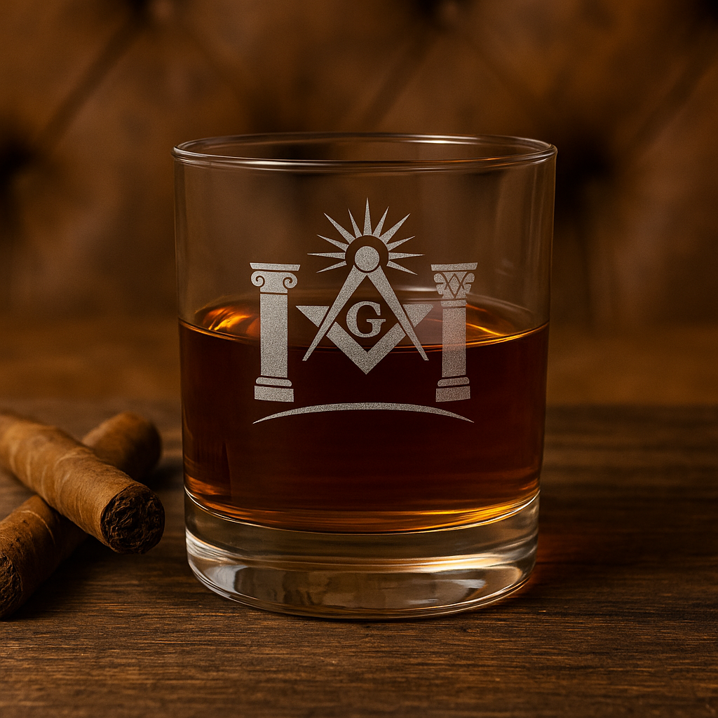 Master Mason Blue Lodge Whiskey Glass - Square & Compass G with Twin Pillars and Light - Bricks Masons