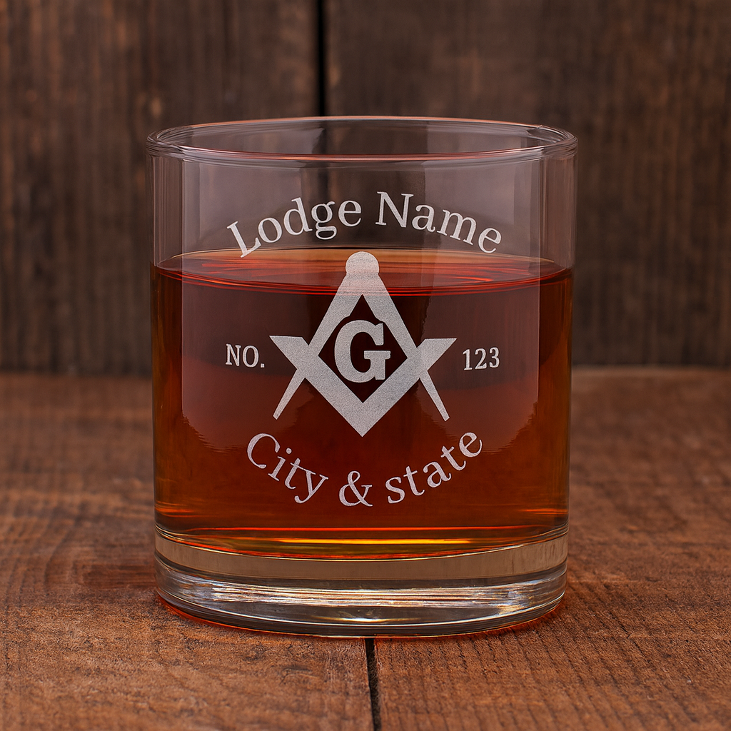 Master Mason Blue Lodge Whiskey Glass - Square & Compass G with Personalization - Bricks Masons