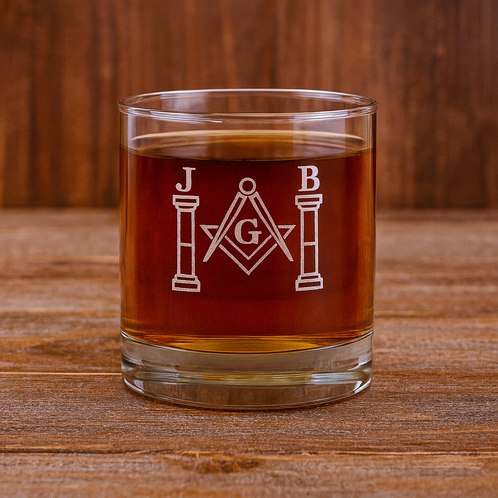 Master Mason Blue Lodge Whiskey Glass - Square & Compass G with J&B Pillars - Bricks Masons