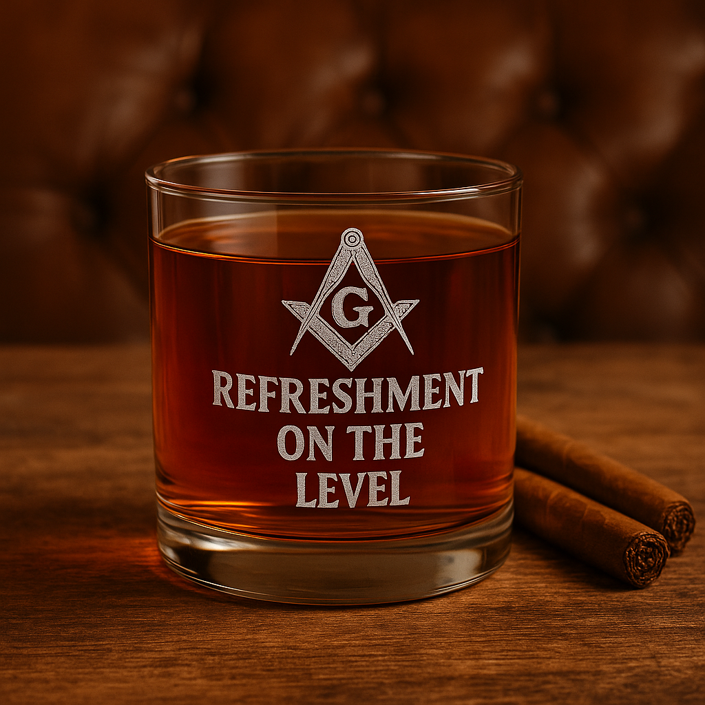 Master Mason Blue Lodge Whiskey Glass - Square & Compass G Refreshment On The Level - Bricks Masons
