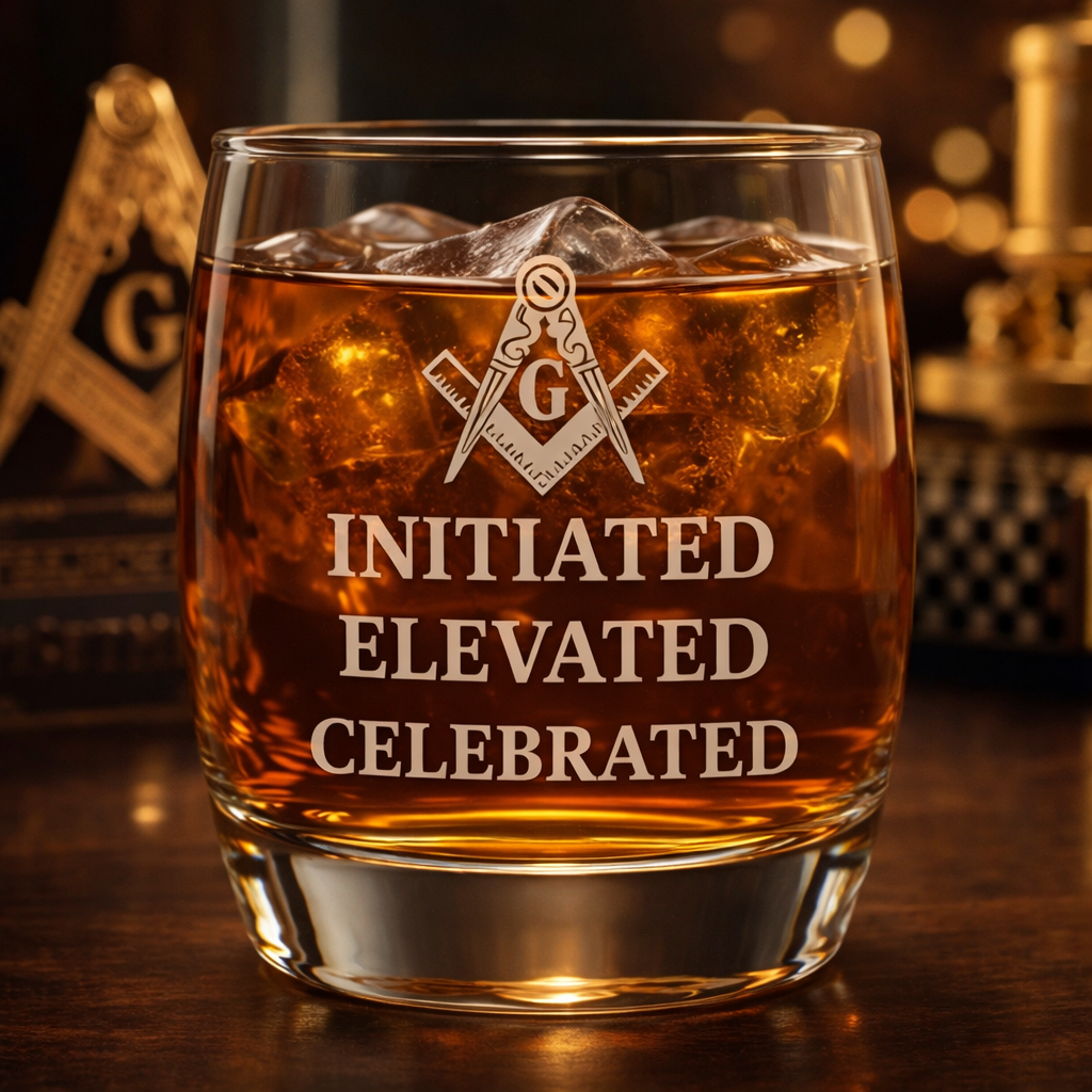 Master Mason Blue Lodge Whiskey Glass - Initiated Elevated Celebrated S&C G - Bricks Masons