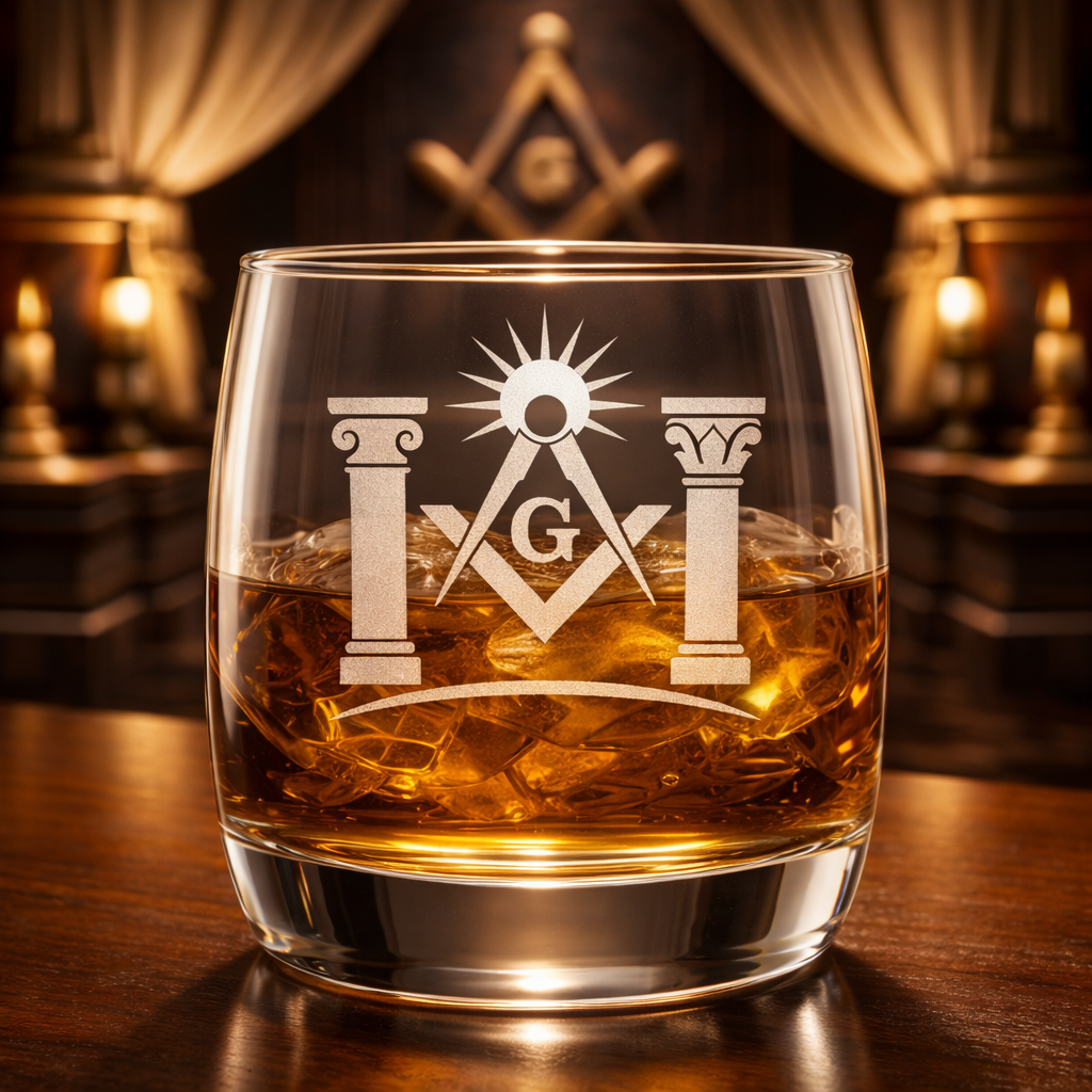 Master Mason Blue Lodge Whiskey Glass - S&C G with Pillars and Radiant Light - Bricks Masons