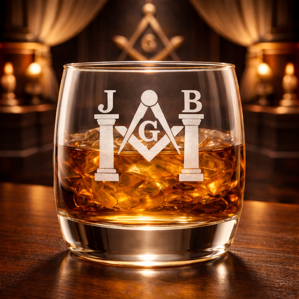 Master Mason Blue Lodge Whiskey Glass - S & C G with J&B Pillars - Bricks Masons