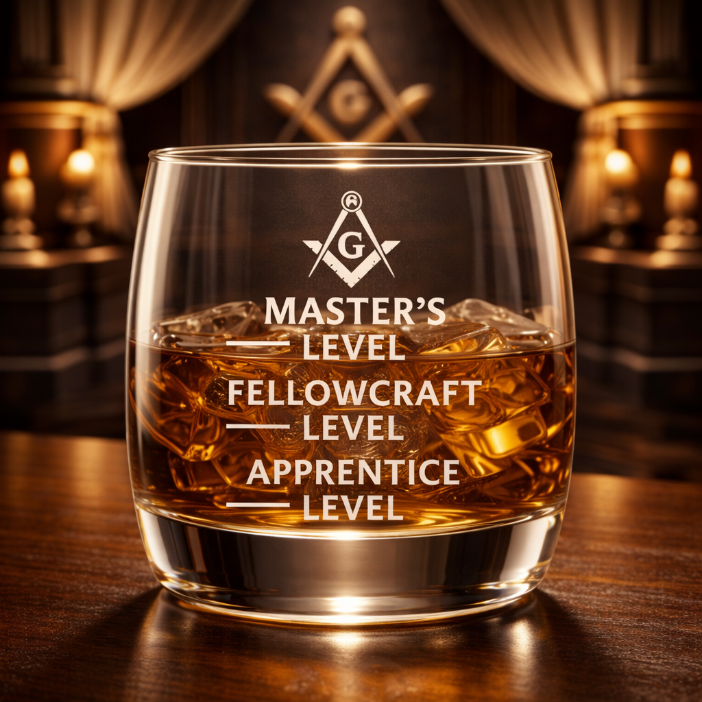 Master Mason Blue Lodge Whiskey Glass - Apprentice Fellowcraft & Master Levels S&C G - Bricks Masons