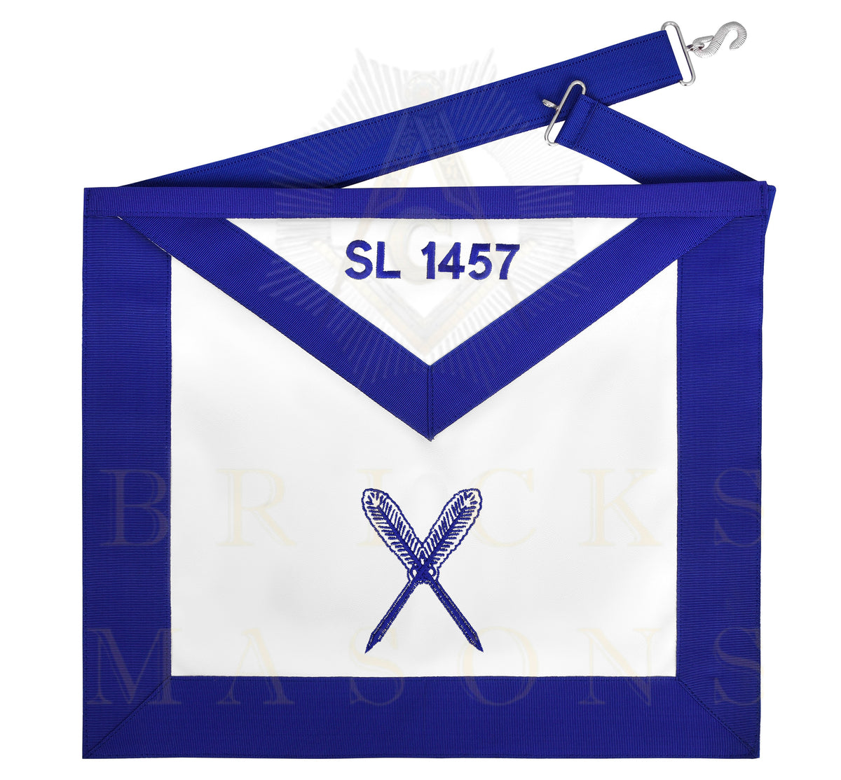Secretary Blue Lodge Officer Apron - Blue Ribbon With Machine Embroidery Customizable Flap - Bricks Masons
