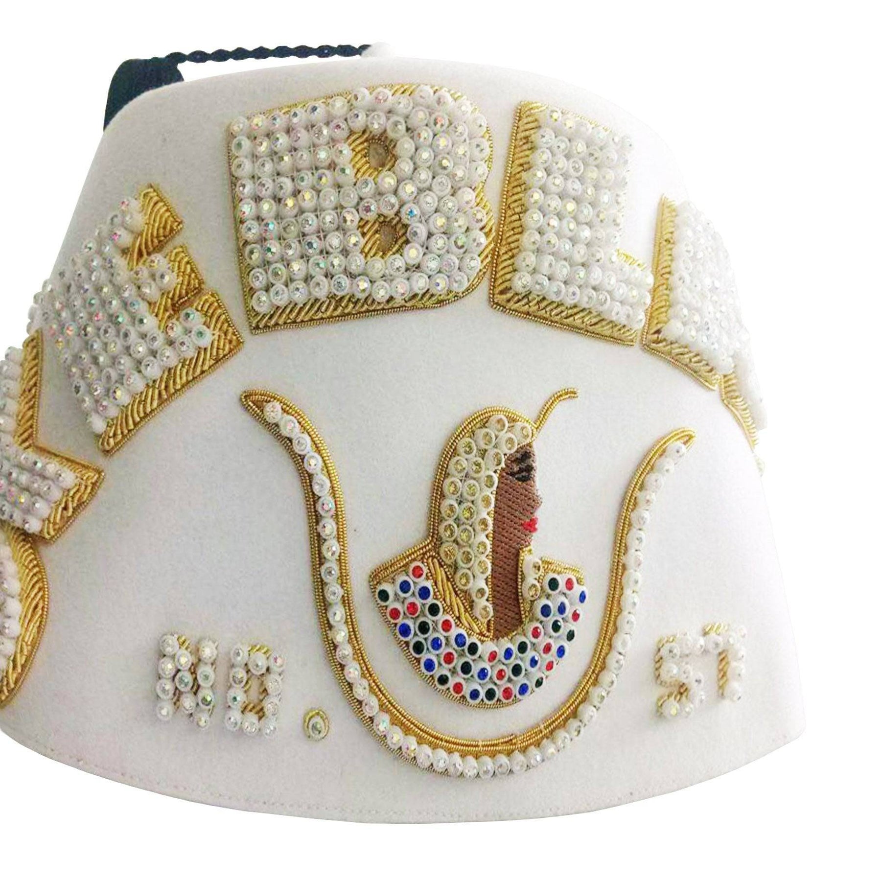 DOI Fez Hat - Pure White Hand Embroidered with Gold Bullion Underlay - Bricks Masons