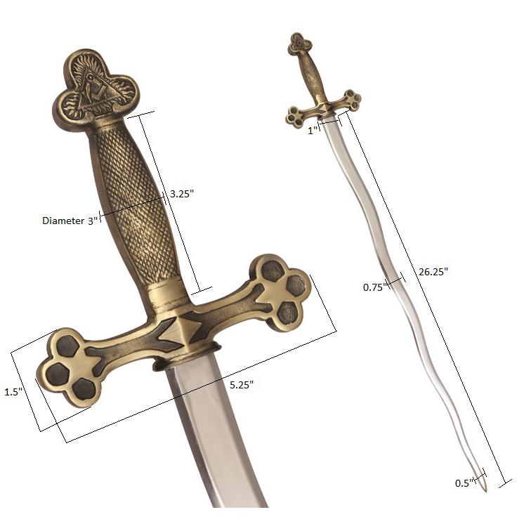 Fellowcraft Blue Lodge Sword - Snake Flaming Sword Square Compass with Gold and Black Hilt - Bricks Masons