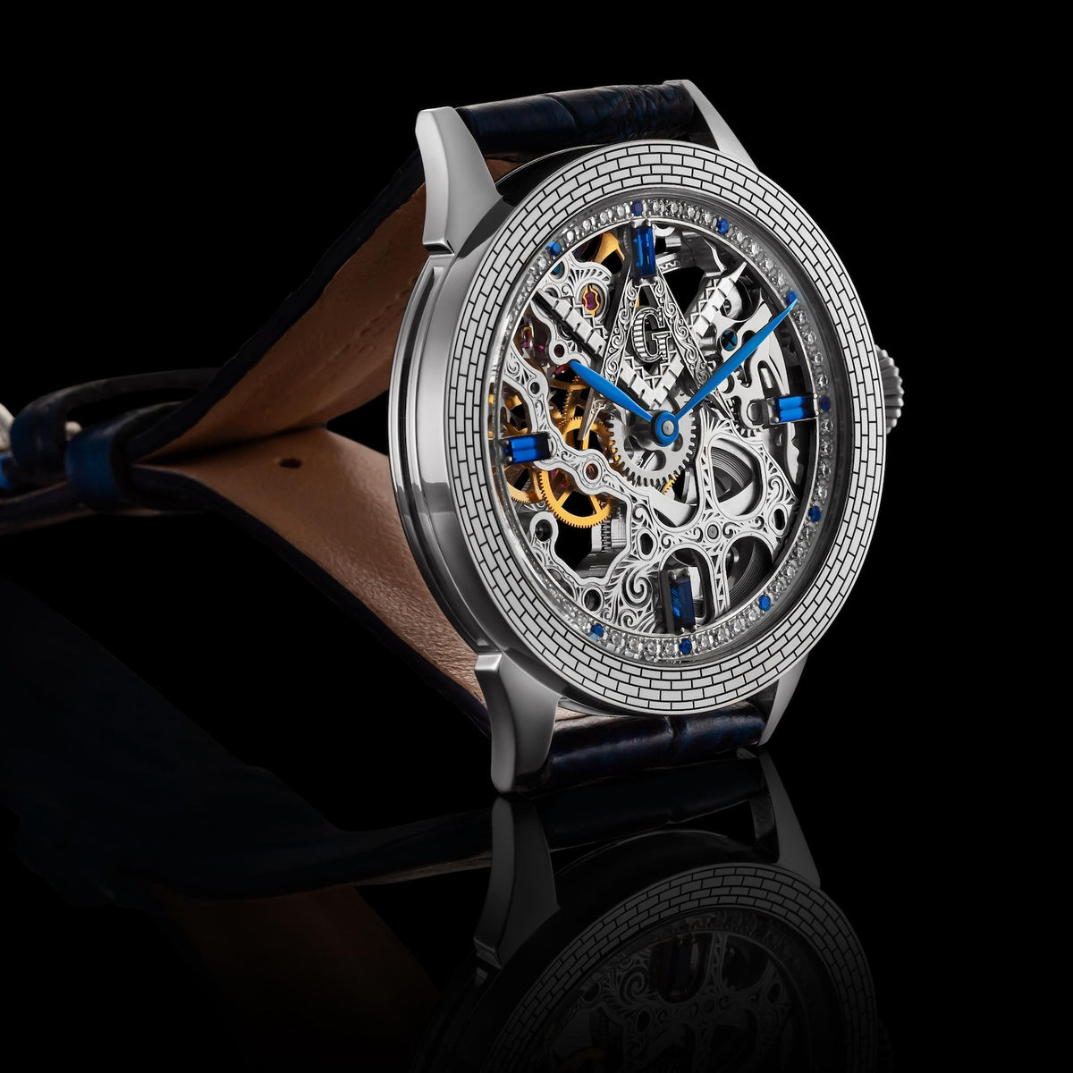 Master Mason Blue Lodge Wristwatch - Silver Skeleton With Blue Leather Strap - Bricks Masons