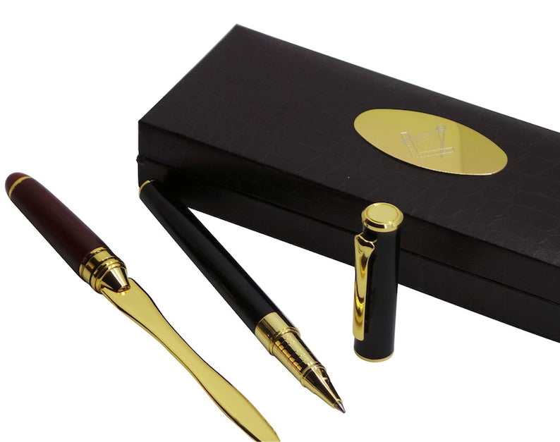 Master Mason Blue Lodge Letter Opener - 24k Gold Clad Engraved & Rollerball Pen Gift Set - Bricks Masons