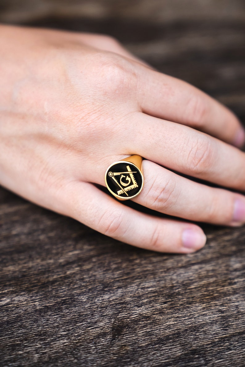 Master Mason Blue Lodge Ring - Gold With Black Enamel 9K to 18k Solid Gold - Bricks Masons