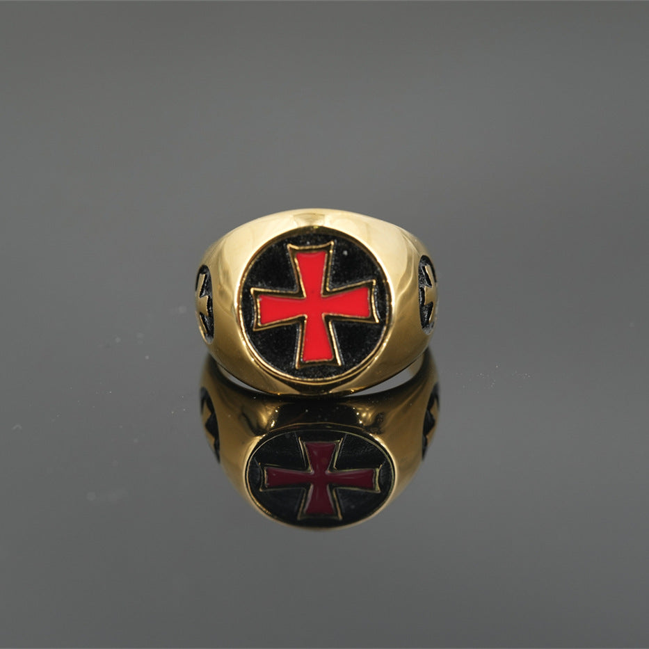Red Cross of Constantine Ring - Gold Titanium Steel With Red Cross - Bricks Masons