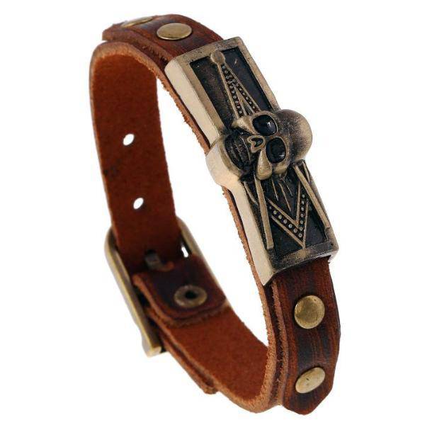 Master Mason Blue Lodge Bracelet - Skull Square Compass Leather - Bricks Masons