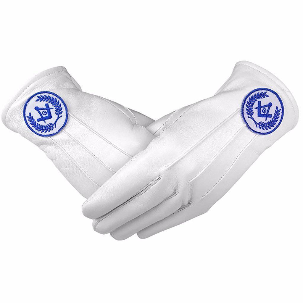 Master Mason Blue Lodge Gloves - White Leather with Blue Square & Compass G - Bricks Masons