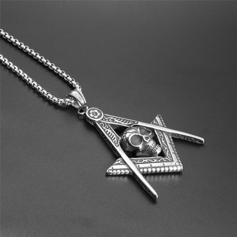 Master Mason Blue Lodge Necklace - Silver Stainless Steel Skull Pendant - Bricks Masons