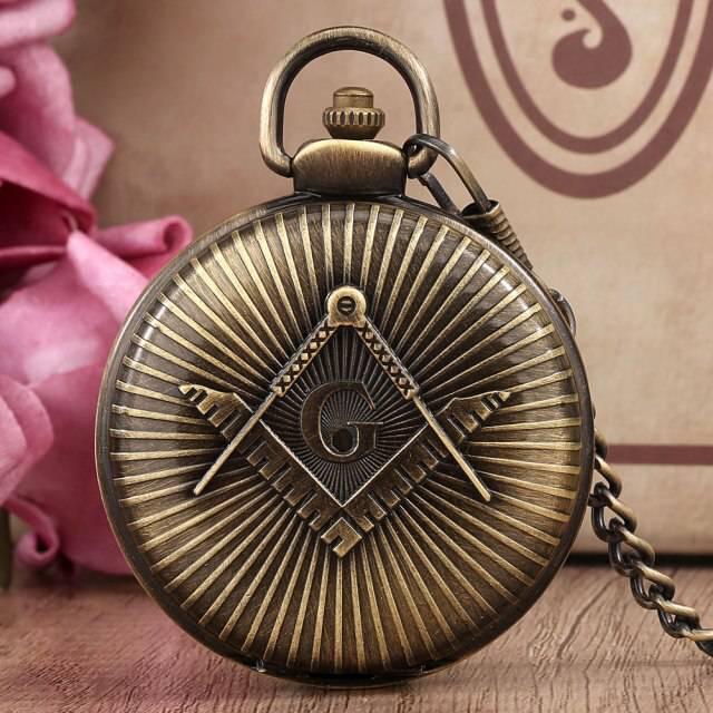 Master Mason Blue Lodge Pocket Watch - Square and Compass G Necklace (Golden & Bronze) - Bricks Masons