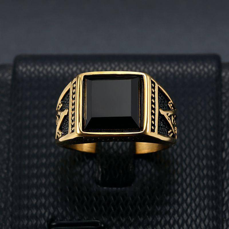 Master Mason Blue Lodge Ring - Black Stone Titanium Gold & Silver Color - Bricks Masons
