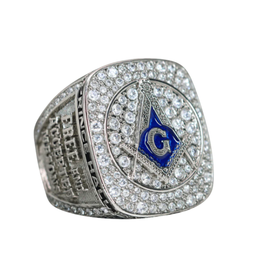 Master Mason Blue Lodge Ring - Prince Hall White Gold Plated - Bricks Masons