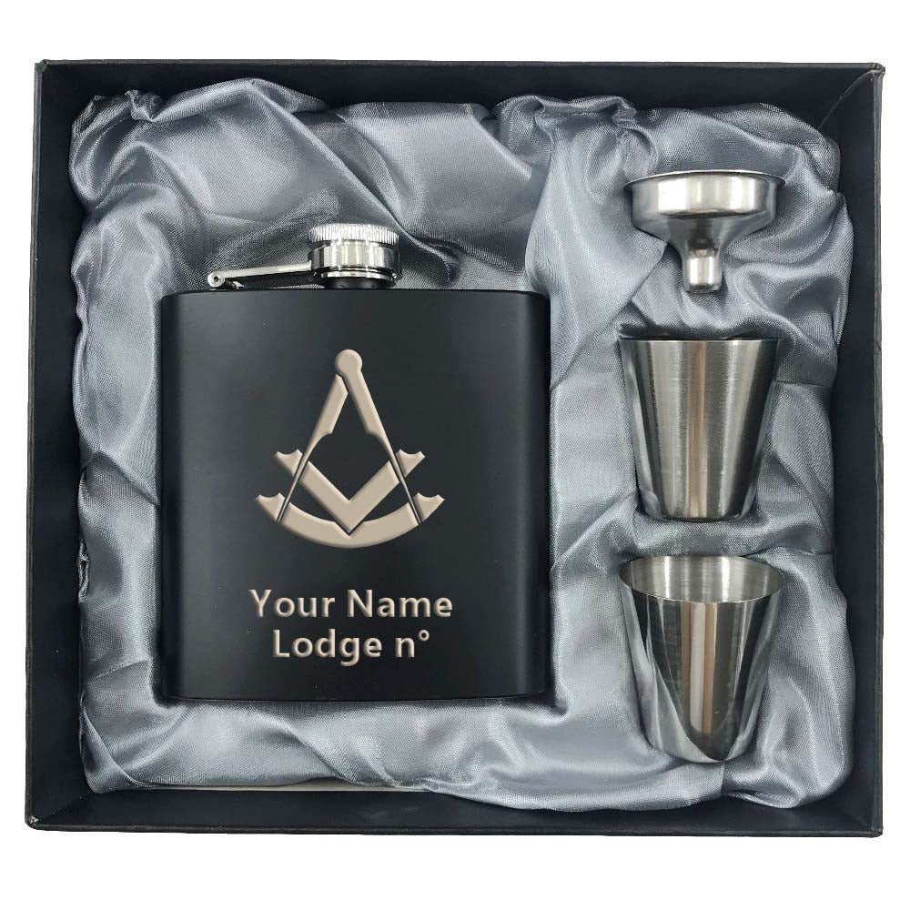 Past Master Blue Lodge Flask - 2 Shot Glasses & Funnel - Bricks Masons