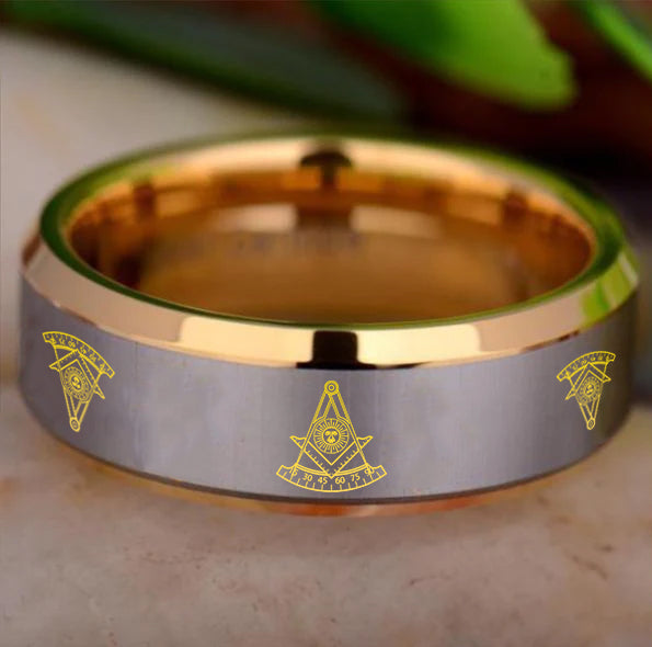 Past Master Blue Lodge California Regulation Ring - Gold Beveled Tungsten Personalizable - Bricks Masons