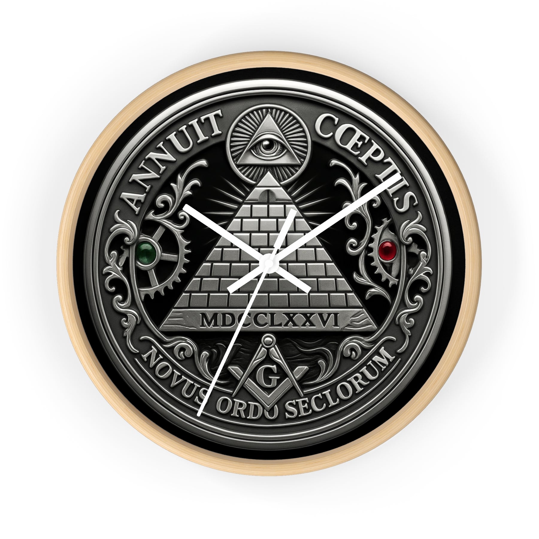 Master Mason Blue Lodge Clock - S&C with Pyramid & All Seeing Eye Latin Motto - Bricks Masons