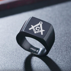 Master Mason Blue Lodge Ring - Black Stainless Steel Square & Compass G - Bricks Masons