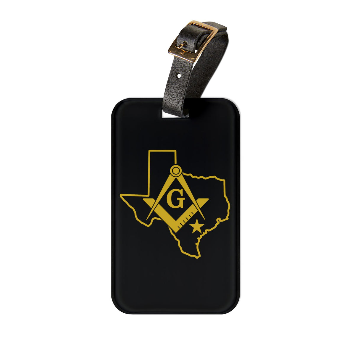 Master Mason Blue Lodge Luggage Tag - Black Texas Mason With Black Leather Strap - Bricks Masons