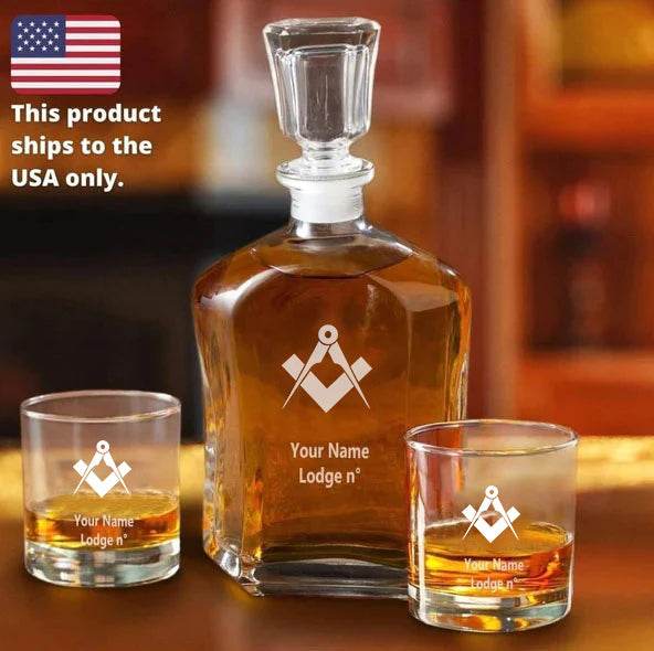 Master Mason Blue Lodge Decanter - 2 Whiskey Tumbler Glasses Set