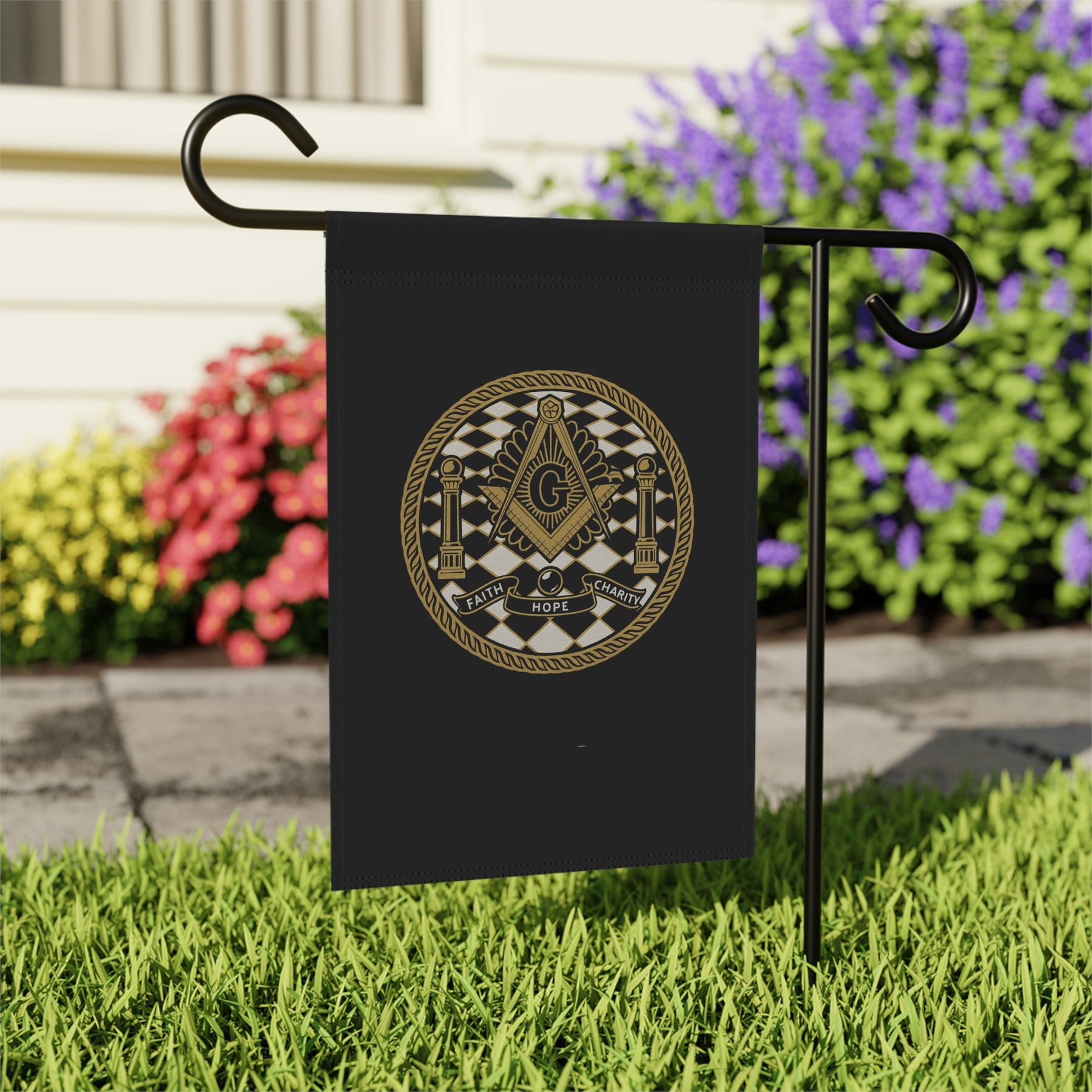 Master Mason Blue Lodge Yard Flag - Faith Hope Charity Printed Poly Poplin - Bricks Masons
