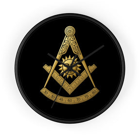 Past Master Blue Lodge Clock - Square Compass Sun & Quadrant Emblem on Wood Frame - Bricks Masons