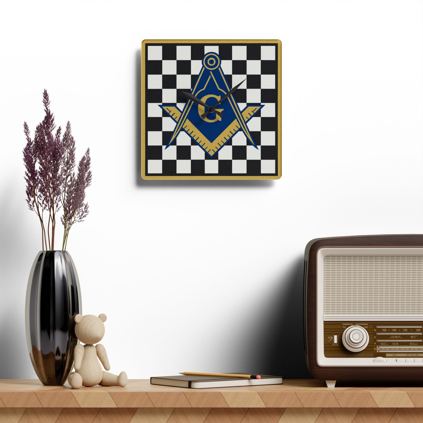 Master Mason Blue Lodge Clock - Golden Compass & Square G on Checkered Dial - Bricks Masons