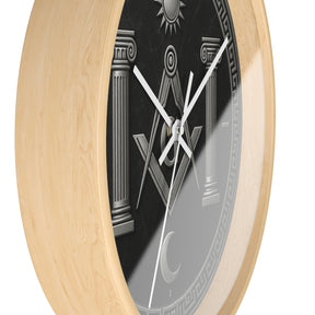 Master Mason Blue Lodge Clock - S&C with Pillars Sun & Moon on Wooden Frame - Bricks Masons