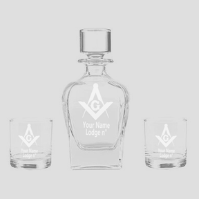 Master Mason Blue Lodge Decanter - 2 Whiskey Tumbler Glasses Set