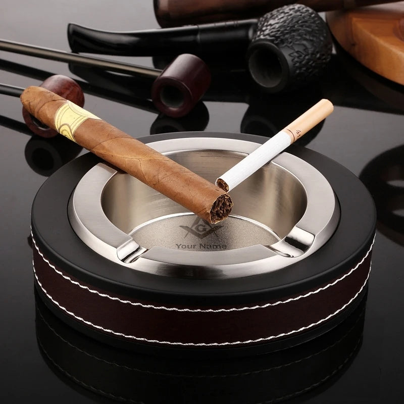 Master Mason Blue Lodge Cigar Ashtray - Metal & Leather (Personalizable) - Bricks Masons