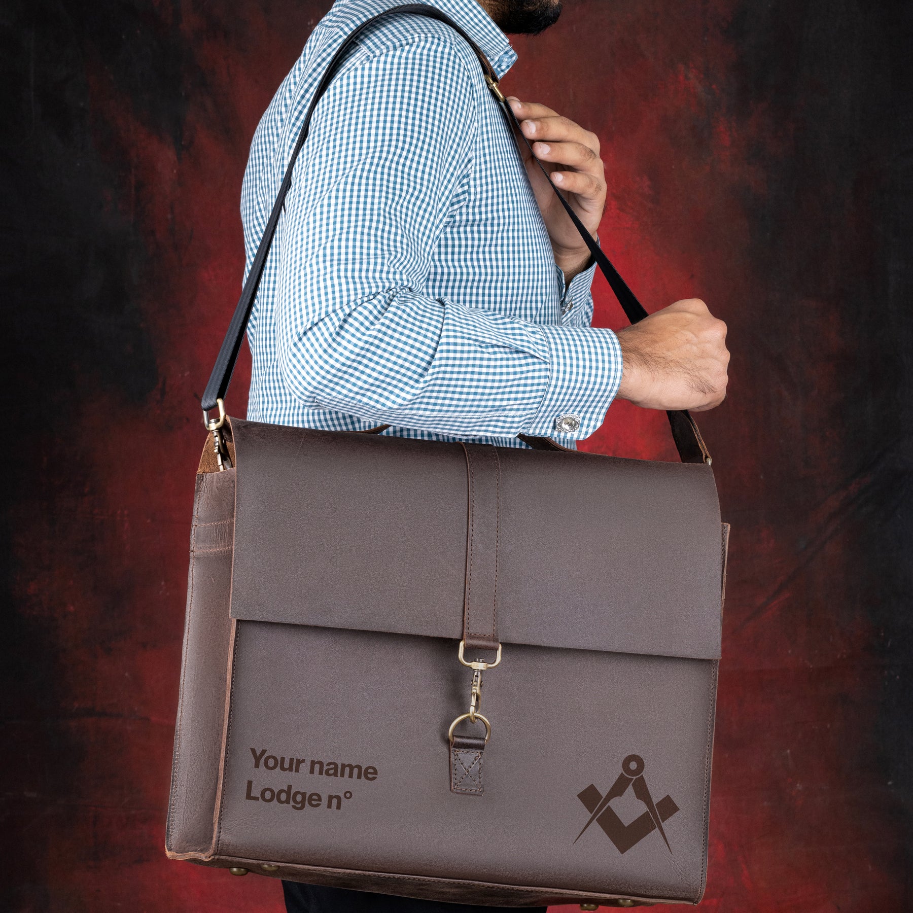 Master Mason Blue Lodge Briefcase - Genuine Cow Leather Convertible Bag - Bricks Masons