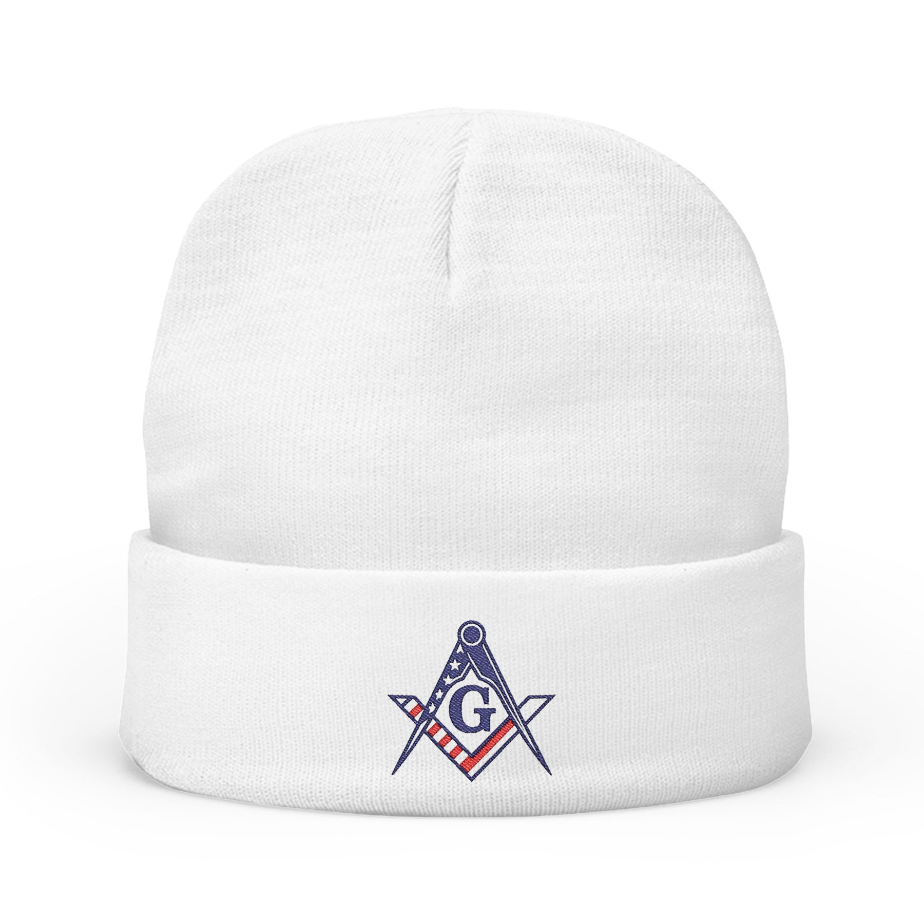Master Mason Blue Lodge Beanie - Knit Embroidery US Flag Square and Compass G - Bricks Masons