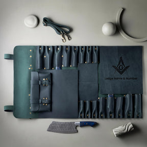 Master Mason Blue Lodge Knife Roll - S&C G 16 Slot Custom Leather Organizer - Bricks Masons