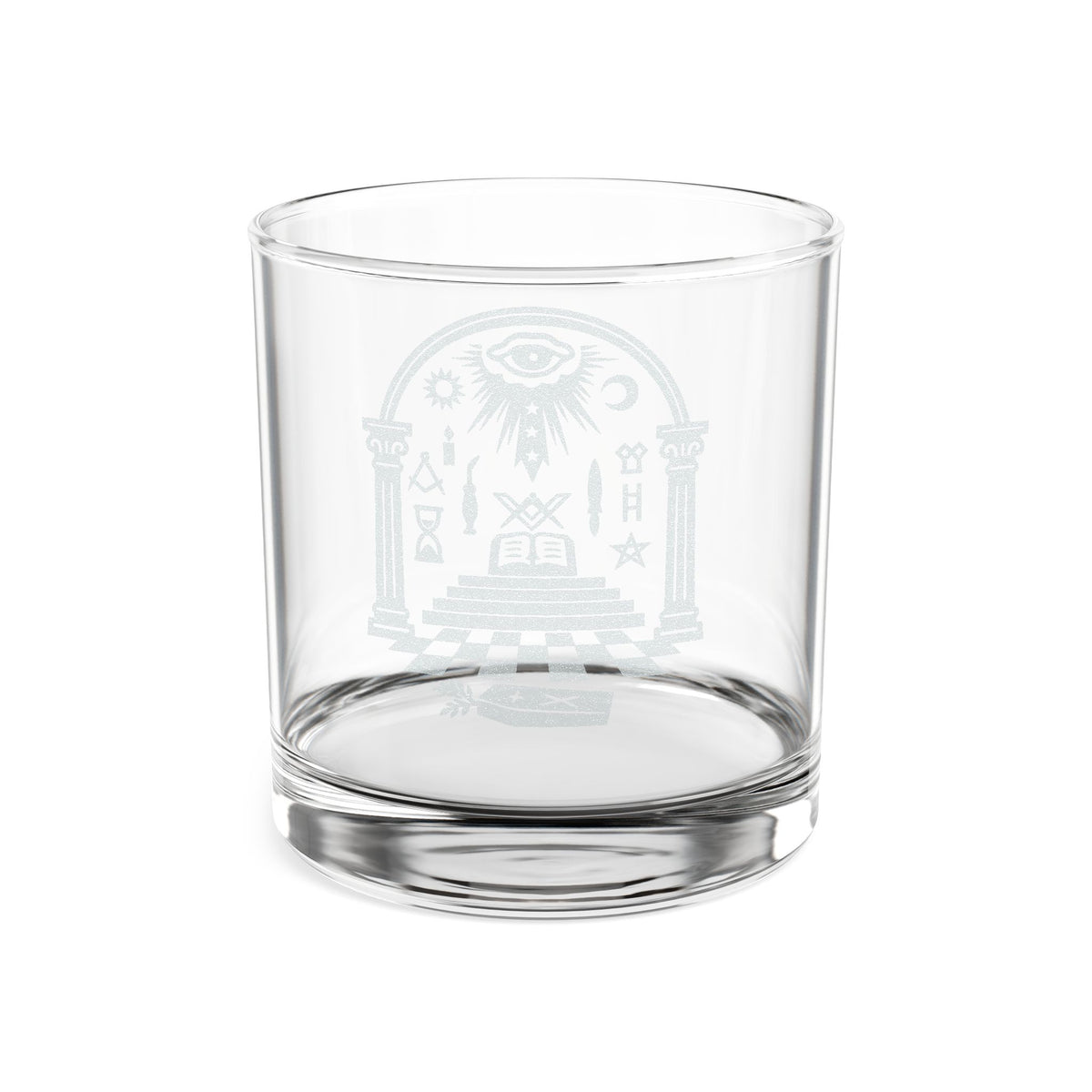 Master Mason Blue Lodge Whiskey Glass - Checkered Floor Pillars All-Seeing Eye & Tools - Bricks Masons