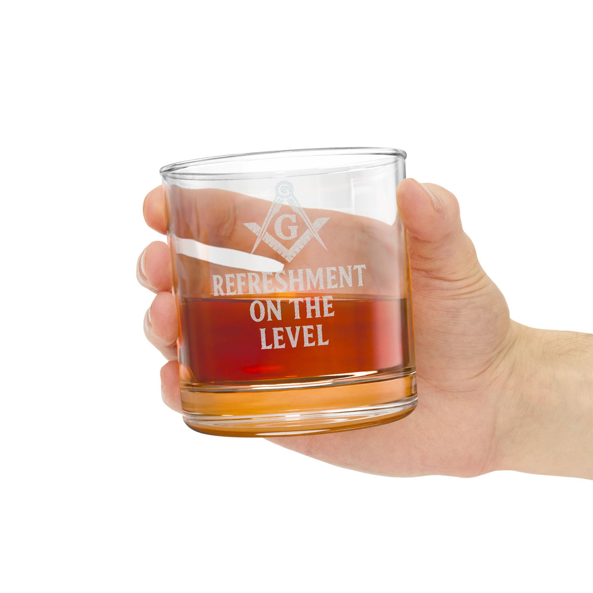 Master Mason Blue Lodge Whiskey Glass - Square & Compass G Refreshment On The Level - Bricks Masons