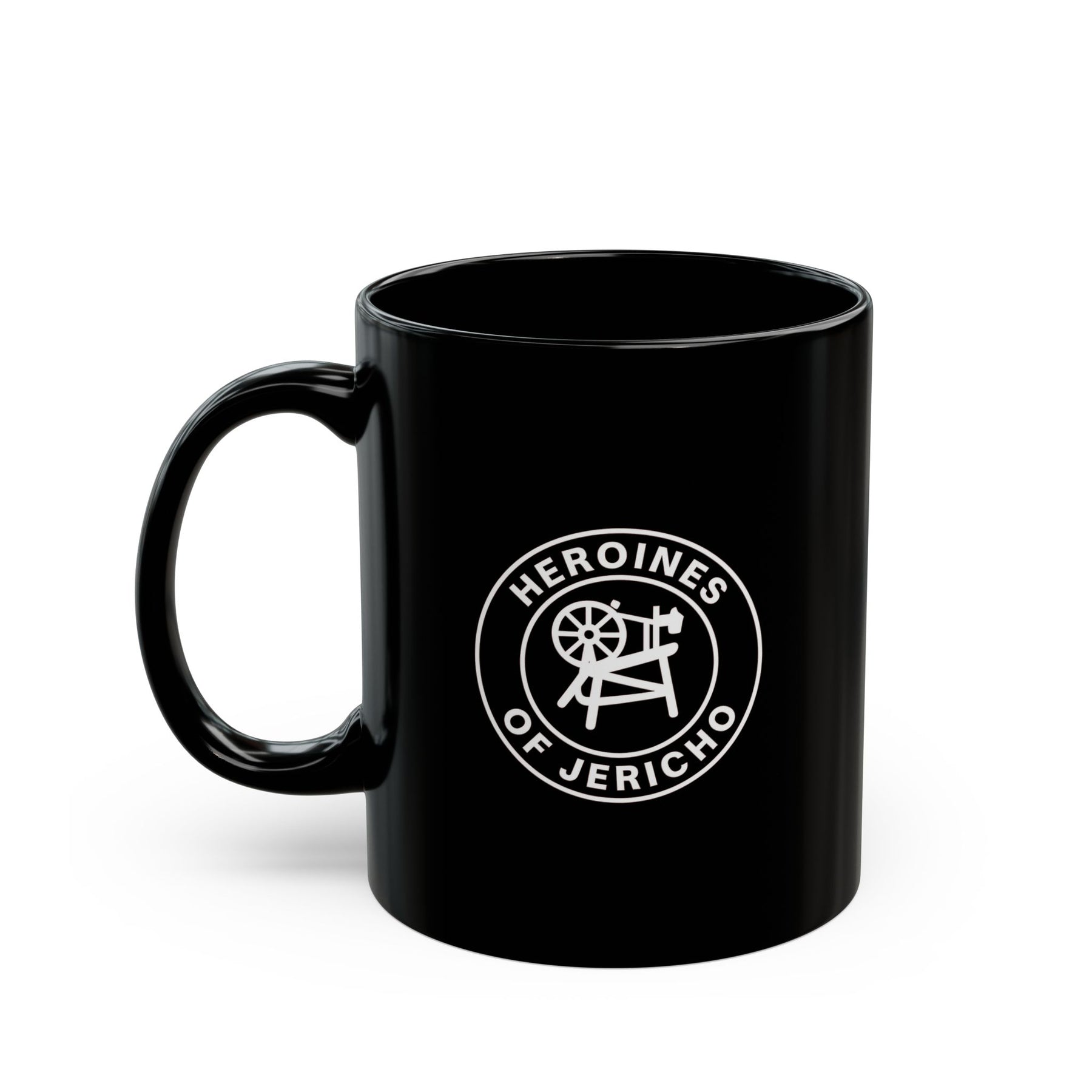 Heroines of Jericho Mug - Black with Spinning Wheel and Chair Emblem - Bricks Masons