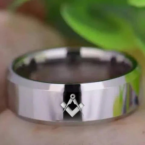 Master Mason Blue Lodge Ring - Silver Beveled Tungsten Personalizable - Bricks Masons