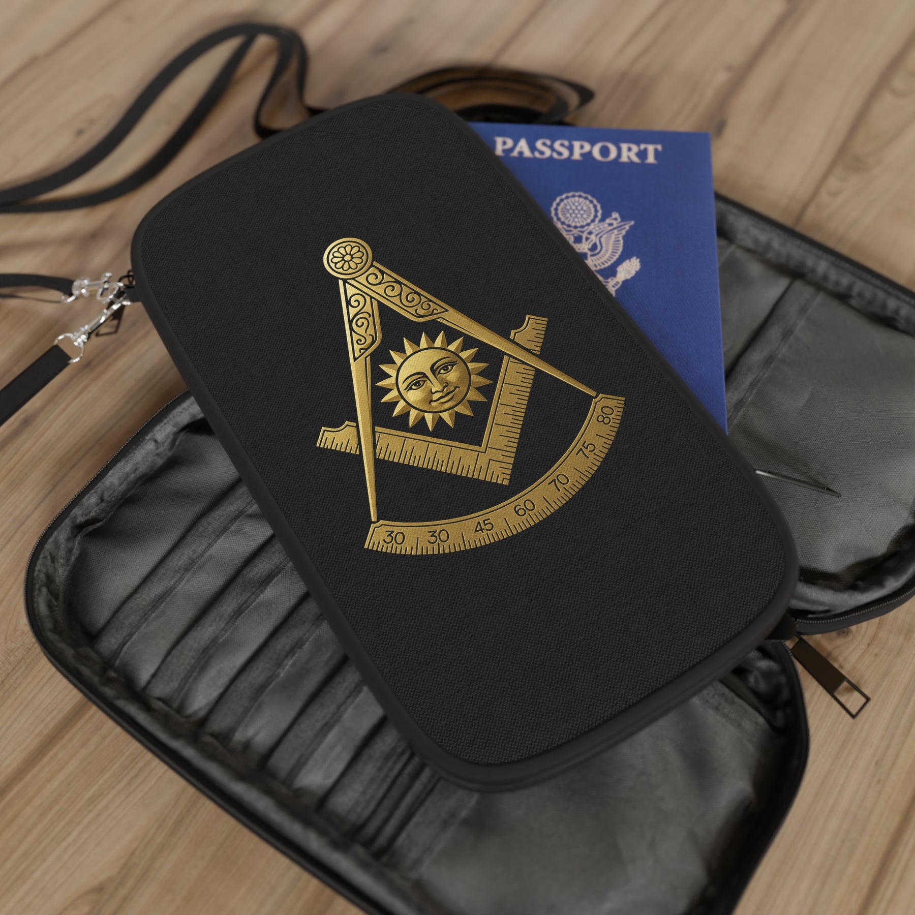 Past Master Blue Lodge Passport Wallet - Gold S&C With Shoulder & Wrist Strap - Bricks Masons