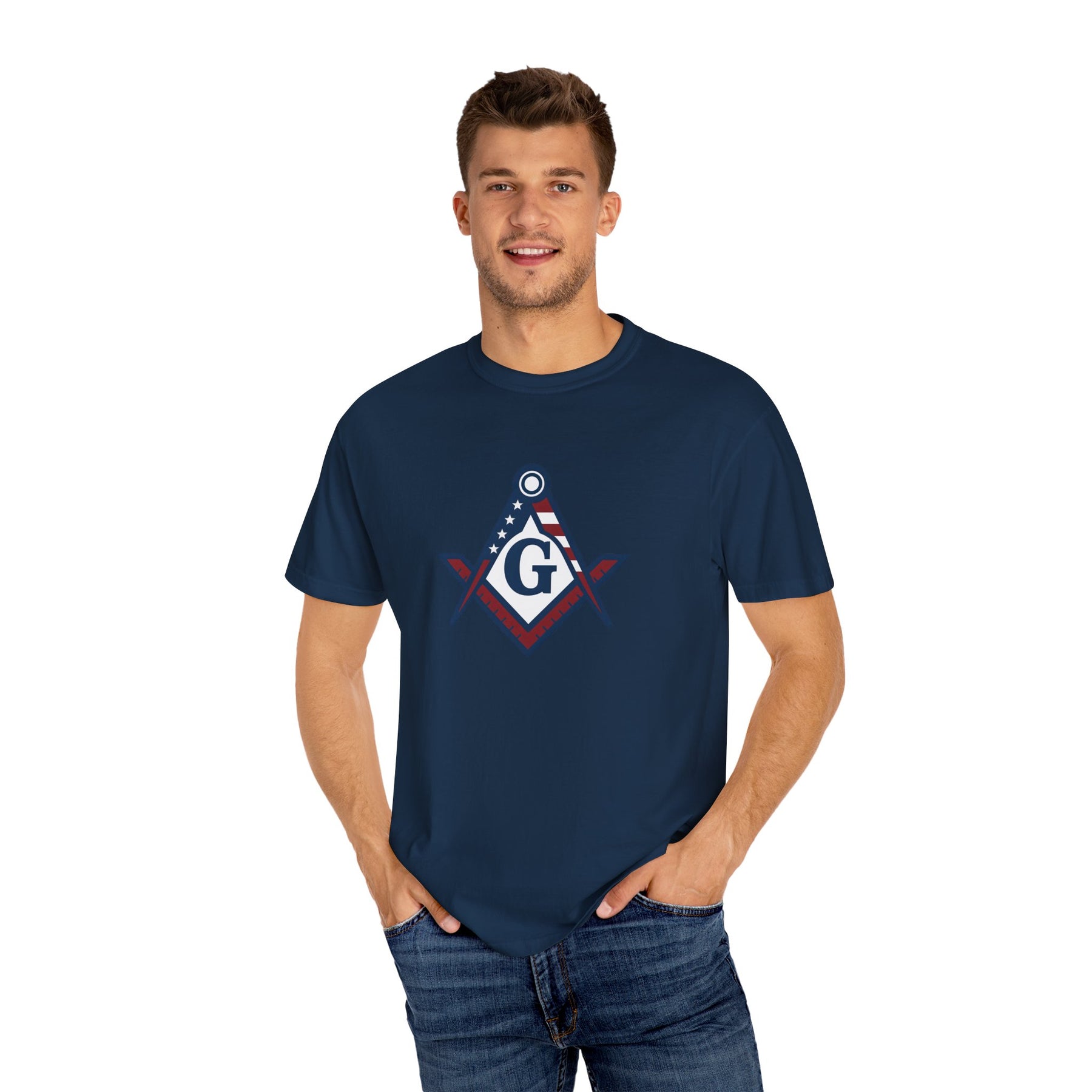 Master Mason Blue Lodge T-Shirt - Garment-Dyed USA Flag Mason - Bricks Masons