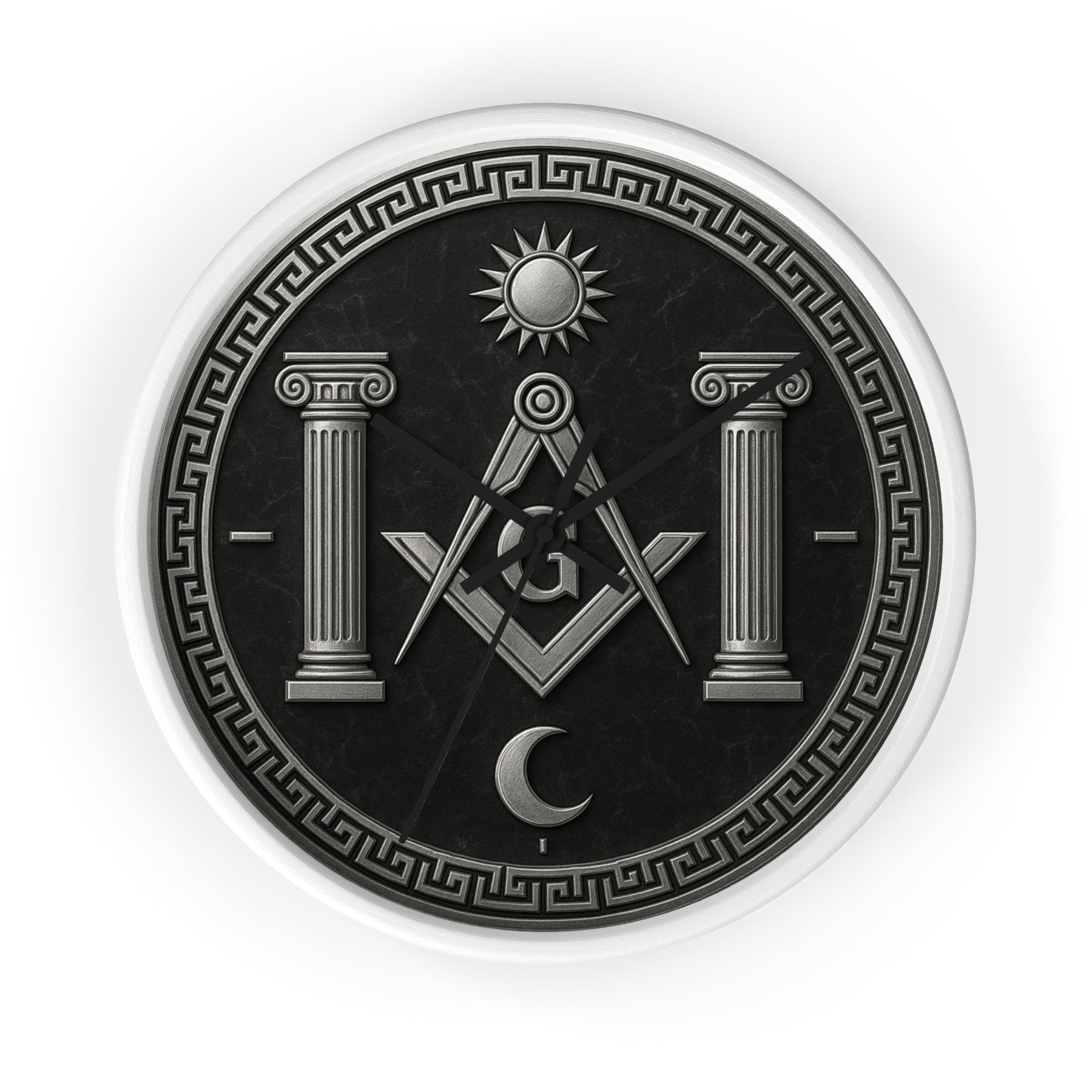 Master Mason Blue Lodge Clock - S&C with Pillars Sun & Moon on Wooden Frame - Bricks Masons