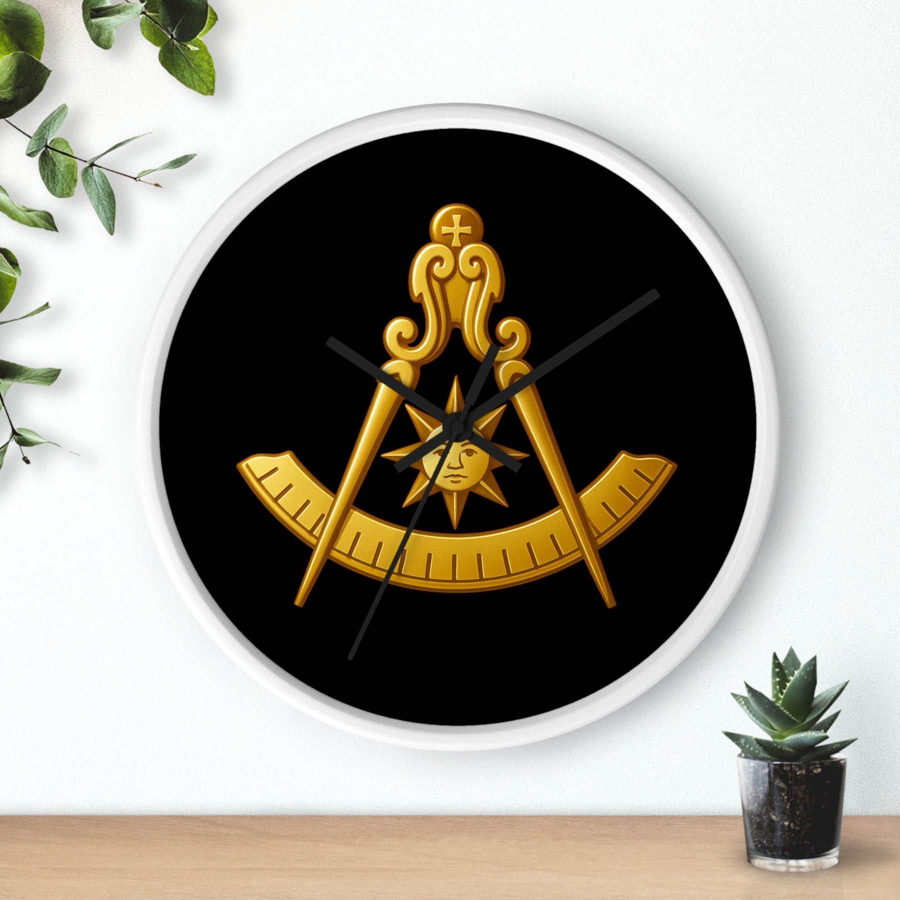 Past Master Blue Lodge Clock - Compass Sun & Quadrant Symbol with Wooden Frame - Bricks Masons